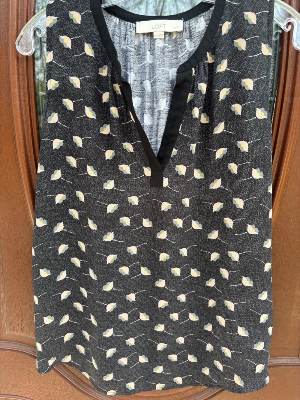 LOFT Black and Yellow Floral-Accent Sleeveless Blouse